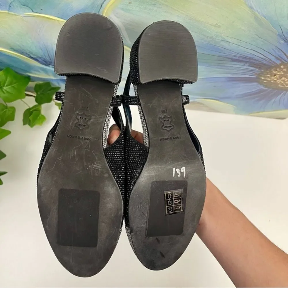 Tory Burch Cap Toe Pave Slingback Heels in Black Silver Size 7